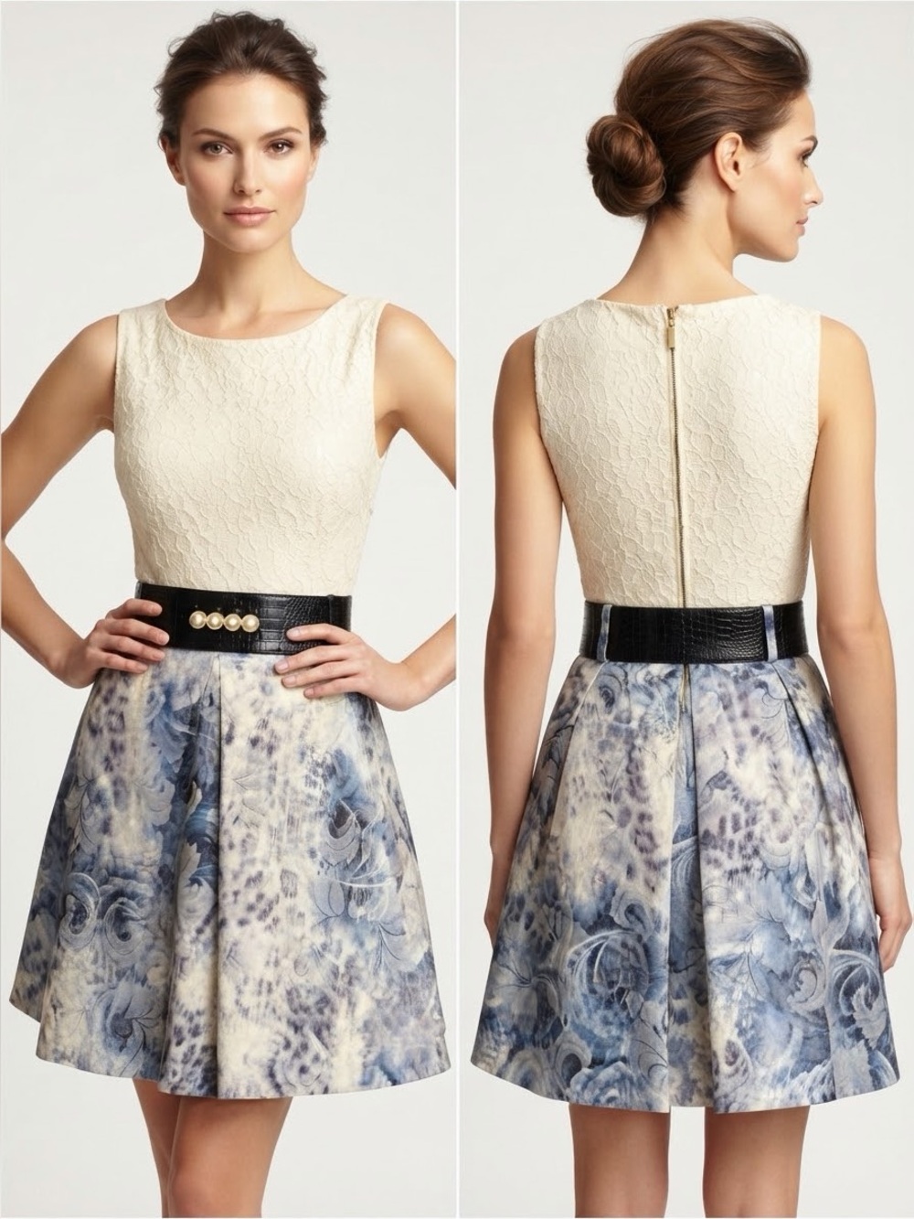 NWT SLEEVELESS FIT & FLARE DRESS BELTED LACE BODICE AND FLORAL PRINT SKIRT GOWN